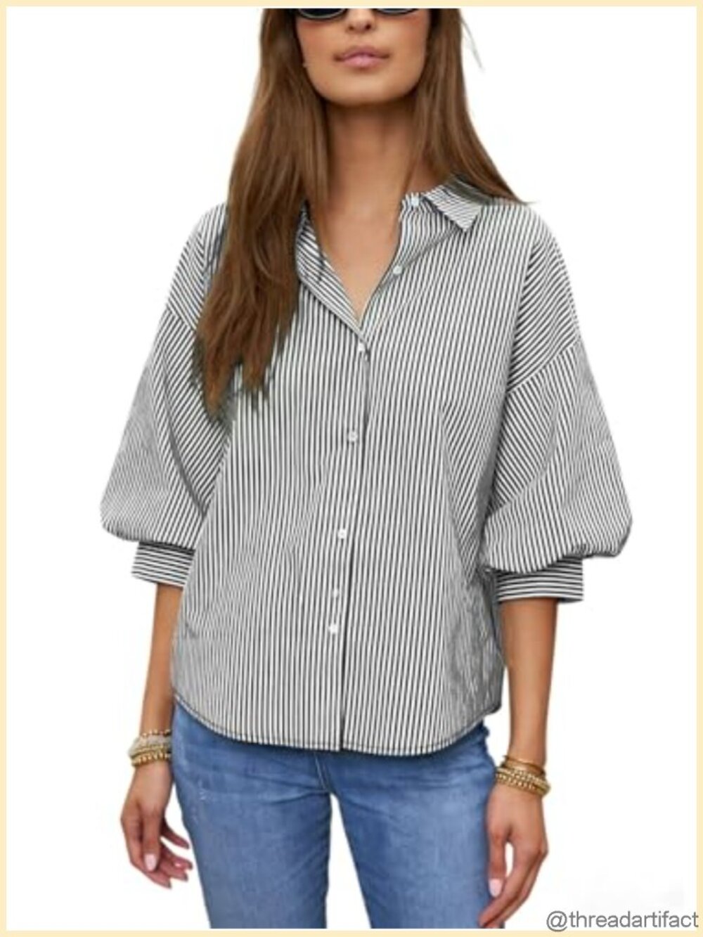 Womens Striped Button Down Shirt 3/4 Puff Sleeve Casual Blouse